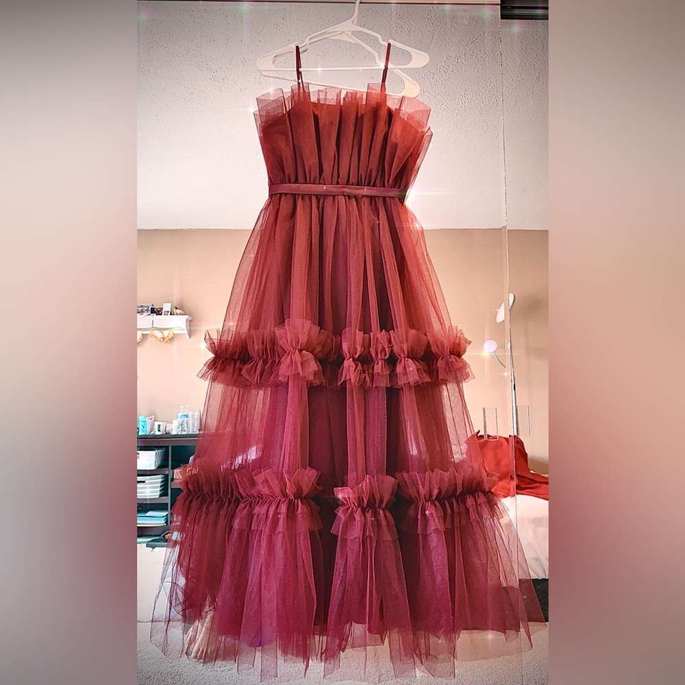 Elegant Burgundy Tulle ruffle dress NEW w/Tag
